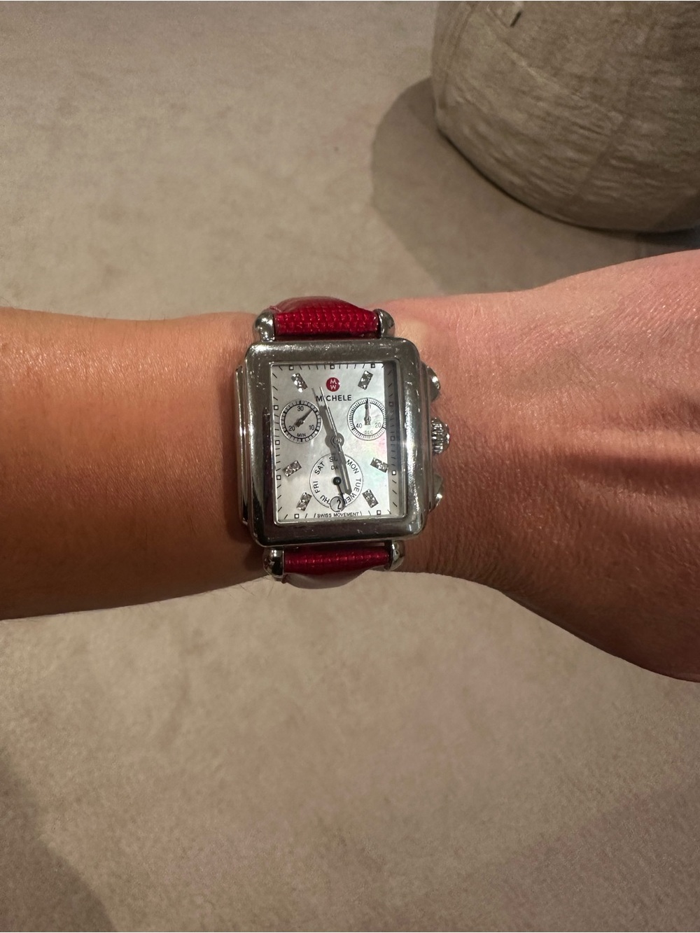 MICHELE Deco Chronograph Watch | Diamond Markers | Red Leather Strap